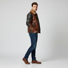Load image into Gallery viewer, Men’s Two-Tone Leather Bomber Jacket – Tan & Black Flight Style