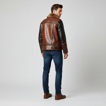 Load image into Gallery viewer, Men’s Two-Tone Leather Bomber Jacket – Tan & Black Flight Style