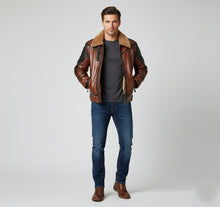 Load image into Gallery viewer, Men’s Two-Tone Leather Bomber Jacket – Tan & Black Flight Style