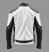 Load image into Gallery viewer, Men’s Two-Tone Cafe Racer Leather Jacket – Black & White Moto Style
