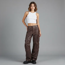 Load image into Gallery viewer, Women’s Brown Leather Cargo Pants – Wide-Leg Genuine Leather Utility Trousers
