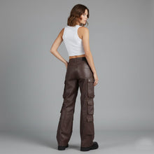 Load image into Gallery viewer, Women’s Brown Leather Cargo Pants – Wide-Leg Genuine Leather Utility Trousers