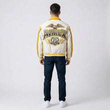 Laden Sie das Bild in den Galerie-Viewer, Aviators King Varsity Lederjacke – Gelb & Weiß Edition