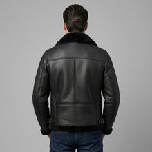 Load image into Gallery viewer, Men’s Black Aviator B3 Shearling Leather Jacket – Premium Flight Bomber Coat