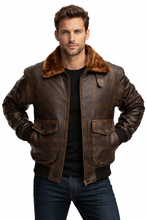 Laden Sie das Bild in den Galerie-Viewer, Herren Vintage Pilotenjacke aus braunem Leder – Fliegerbomber mit Fellkragen