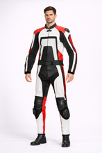 Load image into Gallery viewer, Men’s Red White Black Two-Piece Motorcycle Leather Suit