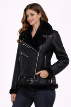 Load image into Gallery viewer, Women’s Moya V Black Shearling Aviator Moto Jacket