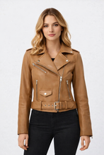 Load image into Gallery viewer, Women’s Brown Belted Moto Leather Jacket