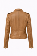 Load image into Gallery viewer, Women’s Brown Belted Moto Leather Jacket