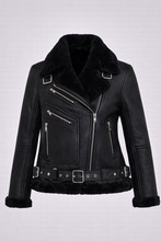 Load image into Gallery viewer, Women’s Moya V Black Shearling Aviator Moto Jacket