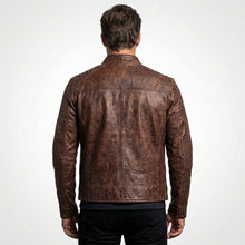 Load image into Gallery viewer, Men’s Coffee Brown Distressed Sheepskin Cafe Racer Leather Jacket