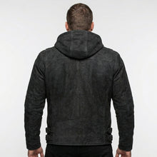 Laden Sie das Bild in den Galerie-Viewer, Men’s Matte Black Leather Biker Jacket – Removable Hood Moto Coat