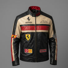Load image into Gallery viewer, Men’s Black Leather Moto Jacket – Orange & Grey Accent Racing Style