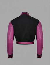 Load image into Gallery viewer, Women’s Black & Pink Varsity Jacket – Snap Button Bomber