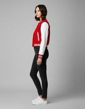 Load image into Gallery viewer, Women’s Red & White Varsity Jacket – Button Closure Ribbed Trim Bomber
