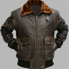 Laden Sie das Bild in den Galerie-Viewer, Herren Vintage Pilotenjacke aus braunem Leder – Fliegerbomber mit Fellkragen