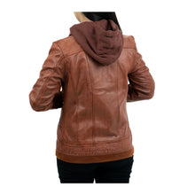 Laden Sie das Bild in den Galerie-Viewer, Hooded Brown Leather Bomber Jacket Women Leather Outlet