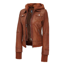Laden Sie das Bild in den Galerie-Viewer, Hooded Brown Leather Bomber Jacket Women Leather Outlet
