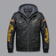 Load image into Gallery viewer, Men’s Leather Biker Jacket – Embroidered Star & Heritage Script Moto Style