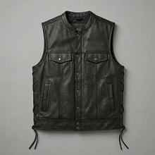 Load image into Gallery viewer, Classic Black Leather Motorcycle Vest – Snap Button & Side Lace Fit