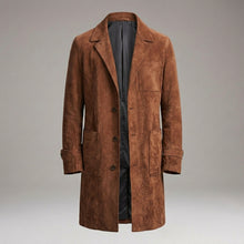 Load image into Gallery viewer, Men’s Vintage Brown Suede Trench Coat – Classic Button-Up Long Overcoat