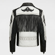 Load image into Gallery viewer, Men’s Black & White Studded Cowboy Leather Jacket – Western Biker Coat