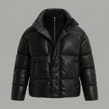 Laden Sie das Bild in den Galerie-Viewer, Men’s Black Faux Leather Puffer Jacket – High Neck Winter Coat
