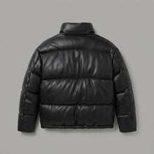 Laden Sie das Bild in den Galerie-Viewer, Men’s Black Faux Leather Puffer Jacket – High Neck Winter Coat