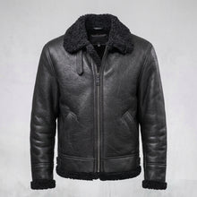 Load image into Gallery viewer, Men’s Black Aviator B3 Shearling Leather Jacket – Premium Flight Bomber Coat