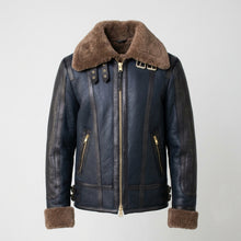 Load image into Gallery viewer, Men’s Blue Sheepskin Shearling Leather Jacket – Premium Winter Aviator Coat