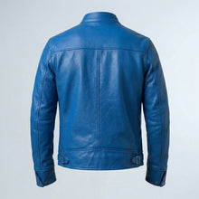 Laden Sie das Bild in den Galerie-Viewer, Men’s Blue Trucker Style Cafe Racer Leather Jacket – Motorcycle Biker Jacket