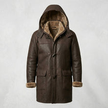 Load image into Gallery viewer, Men’s Brown Shearling Hooded Coat – Genuine Shearling Winter Coat