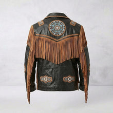 Load image into Gallery viewer, Men’s Cowboy Cowhide Leather Fringe Jacket with Beaded Western Detail