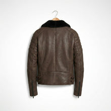 Load image into Gallery viewer, Men’s Brown Shearling Cafe Racer Leather Jacket – Vintage Aviator Biker Coat