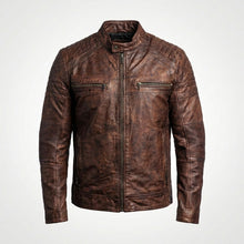Load image into Gallery viewer, Men’s Coffee Brown Distressed Sheepskin Cafe Racer Leather Jacket