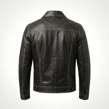 Laden Sie das Bild in den Galerie-Viewer, Men’s Dark Brown Leather Trucker Jacket – Contrast Stitch Snap Button Coat