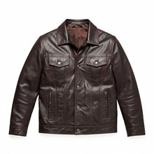 Load image into Gallery viewer, Men’s Dark Brown Leather Trucker Jacket – Contrast Stitch Snap Button Shirt Jacket