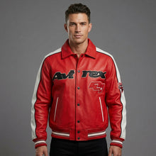 Load image into Gallery viewer, Men’s Classic Leather Moto Jacket – Orange & Cream Contrast Panel Design