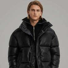 Laden Sie das Bild in den Galerie-Viewer, Men’s Black Faux Leather Puffer Jacket – High Neck Winter Coat
