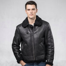 Load image into Gallery viewer, Men’s Black Aviator B3 Shearling Leather Jacket – Premium Flight Bomber Coat