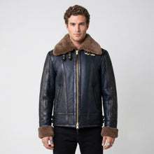 Load image into Gallery viewer, Men’s Blue Sheepskin Shearling Leather Jacket – Premium Winter Aviator Coat