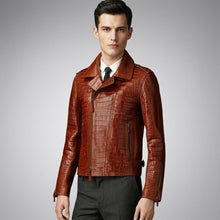 Load image into Gallery viewer, Men’s Brown Croc Embossed Leather Biker Jacket – Premium Moto Jacket