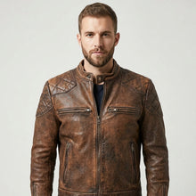 Load image into Gallery viewer, Men’s Brown Distressed Cafe Racer Leather Jacket – Vintage Biker Coat
