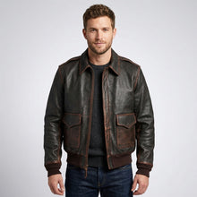 Load image into Gallery viewer, Men’s Brown A2 Aviator Military Pilot Leather Bomber Jacket – Vintage Flight Coat