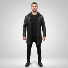Load image into Gallery viewer, Men’s Shearling Lined Black Leather Trench Coat – Luxury Winter Overcoat