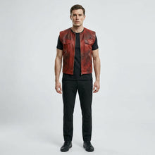 Load image into Gallery viewer, Men’s Vintage Red Leather Biker Vest – Classic Motorcycle Riding Vest