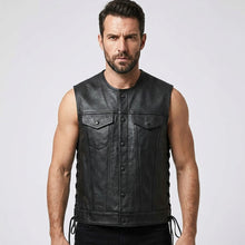 Load image into Gallery viewer, Men’s Black Sheepskin Leather Biker Vest – Premium Motorcycle Vest