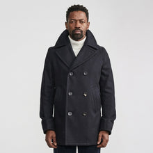 Load image into Gallery viewer, Men’s Dark Navy Fleece Peacoat – Classic Double Breasted Winter Coat