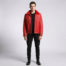 Load image into Gallery viewer, Men’s Red Shearling Leather Trucker Jacket – Winter Sherpa Lined Coat
