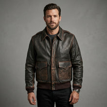 Load image into Gallery viewer, Men’s Brown A2 Aviator Leather Bomber Jacket – Military Pilot Flight Coat